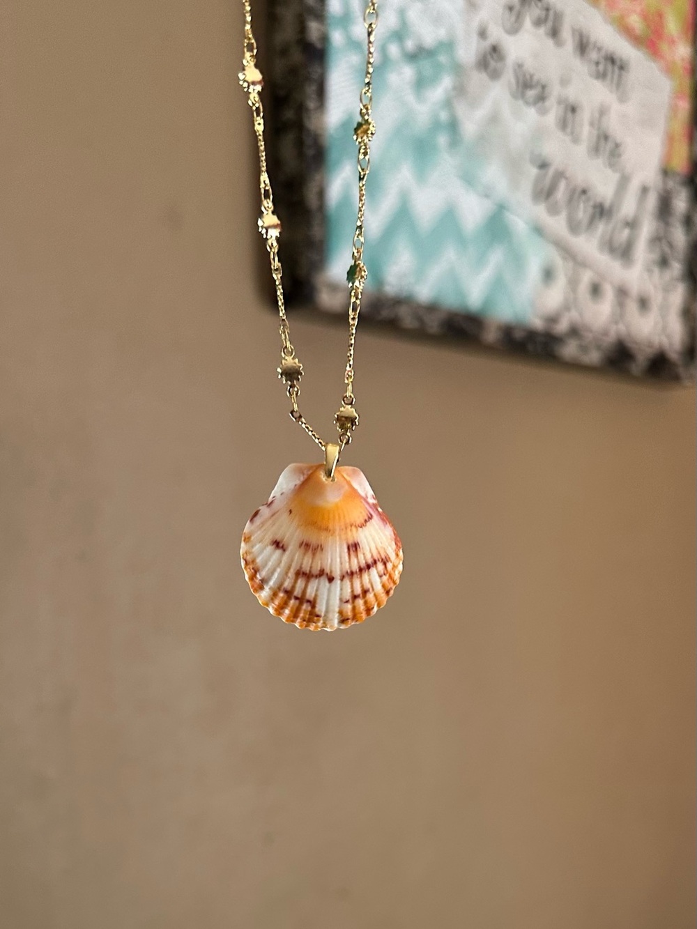 Hand Crafted Gold Chain Necklace with Orange and White Sanibel Shell Pendant